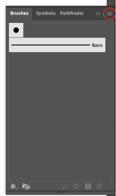 Empty Illustrator Brushes panel with the options menu highlighted for saving a new custom brush.