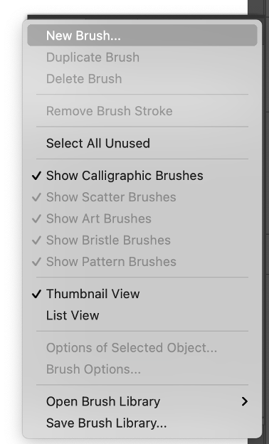 Brushes panel dropdown menu in Adobe Illustrator with the 'New Brush' option highlighted, ready to create a custom brush for fashion illustrations.