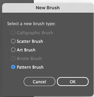 New Brush dialog in Illustrator showing brush type options with ‘Pattern Brush’ selected for fashion design use.