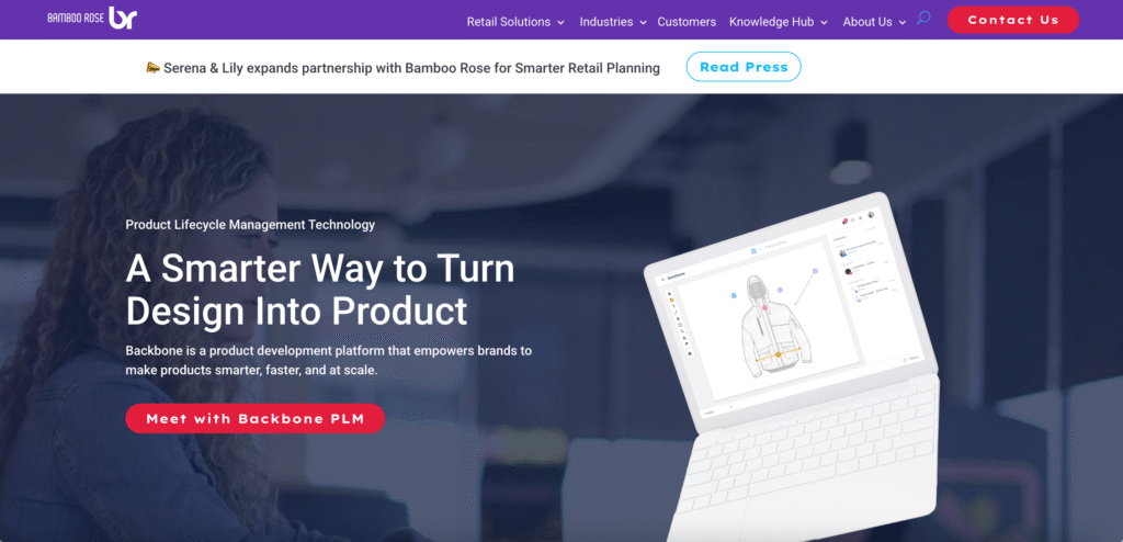 Screenshot of Backbone's website- a fashion PLM tech pack software
