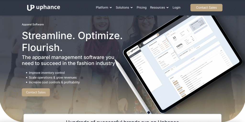 Screenshot of Uphance's website- a fashion PLM tech pack tool