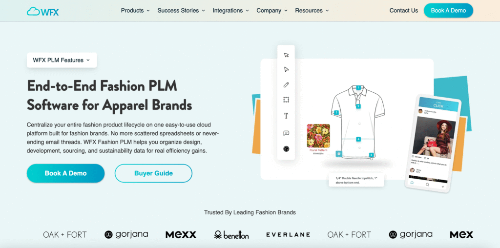 Screenshot of WFX's website- a fashion PLM tech pack software