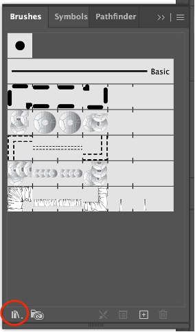 Brushes panel in Adobe Illustrator showing a mix of fashion brushes including ruffles, sequins, and stitch lines.