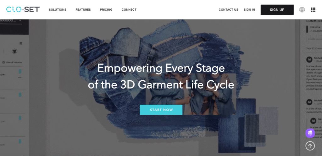 Screenshot of CLO-SET website where 3D fashion designers can create tech packs