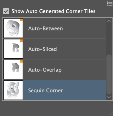 Auto Generated Corner Tiles menu in Illustrator showing sequin corner options for fashion brush design.