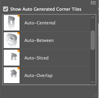 Corner tile settings in Illustrator showing auto-generated corner styles for custom trim brushes.