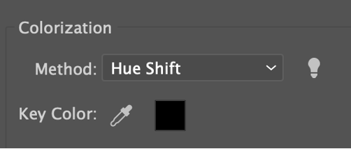 Colorization settings in Illustrator’s Pattern Brush Options panel with ‘Hue Shift’ selected for brush recoloring.