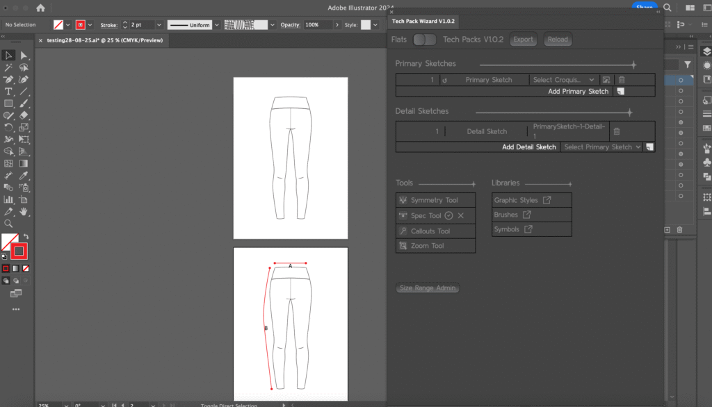Screenshot of Tech Pack Wizard plugin for Adobe Illustrator- fashion designer tech pack software