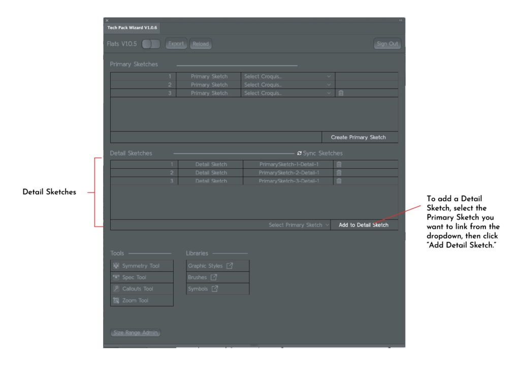 Screenshot of Tech Pack Wizard plugin highlighting the Detail Sketches section