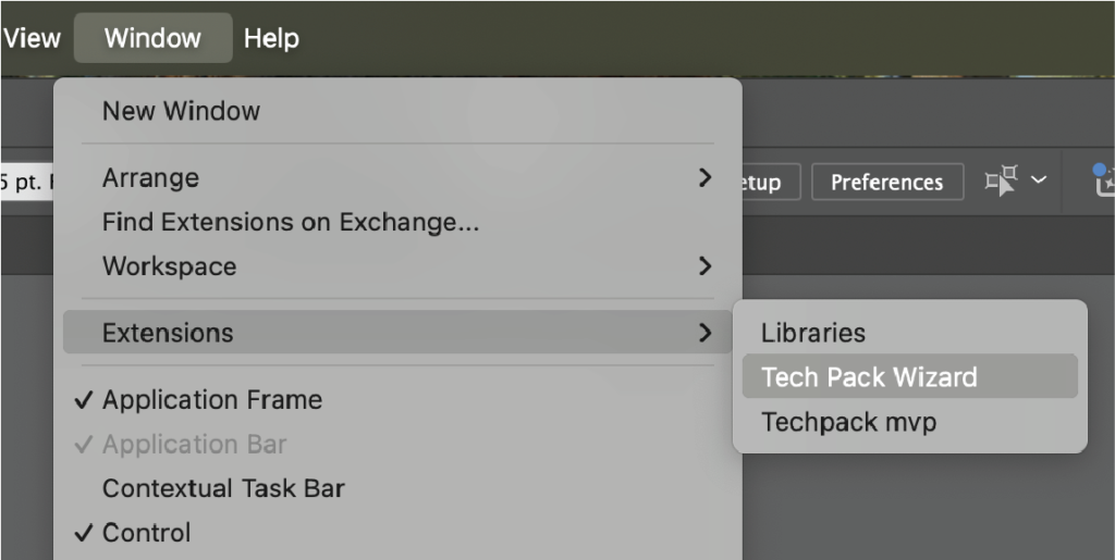 Screenshot of how to open Tech Pack Wizard plugin in Adobe Illustrator