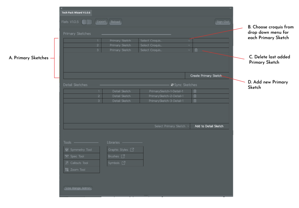 Screenshot of Tech Pack Wizard plugin for Adobe Illustrator highlighting the Primary Sketches portion of the panle
