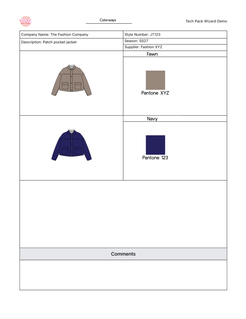 Example of Colorways page from Tech Pack Wizard tech pack