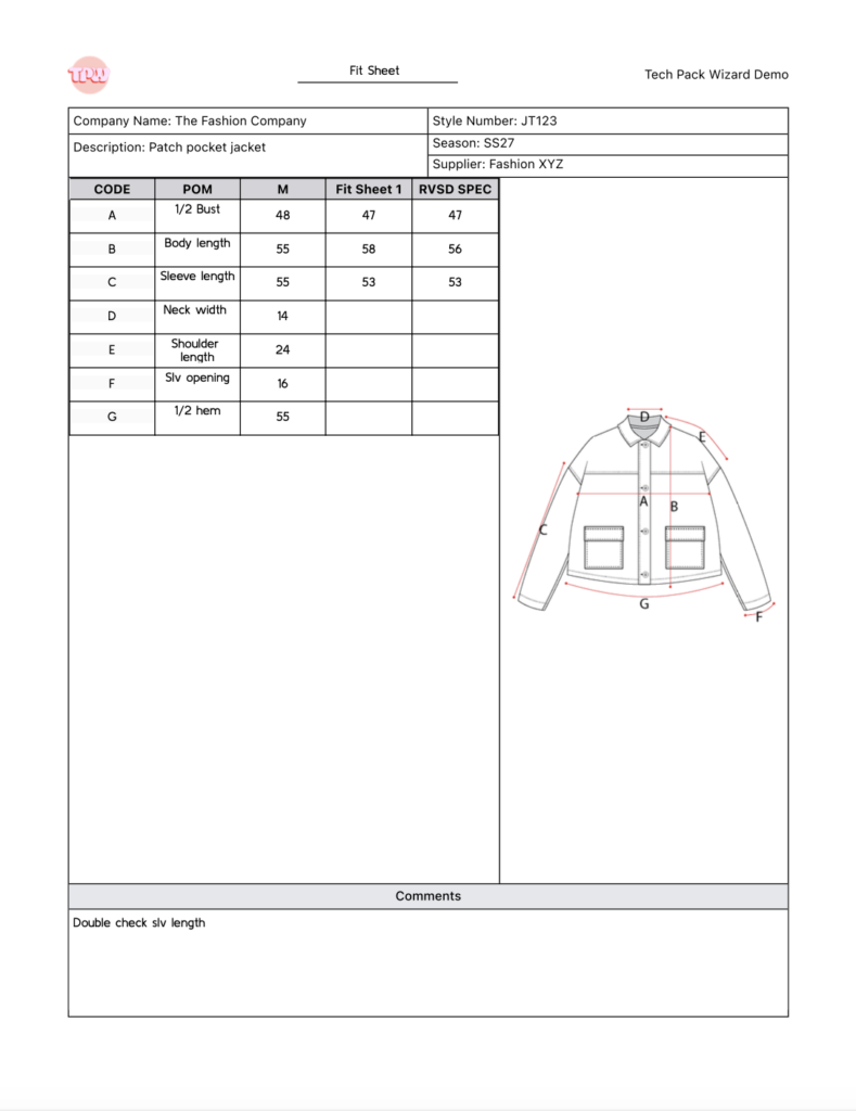 Example of Fit Sheet page from Tech Pack Wizard tech pack