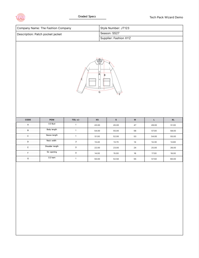 Example of Graded Specs page from Tech Pack Wizard tech pack