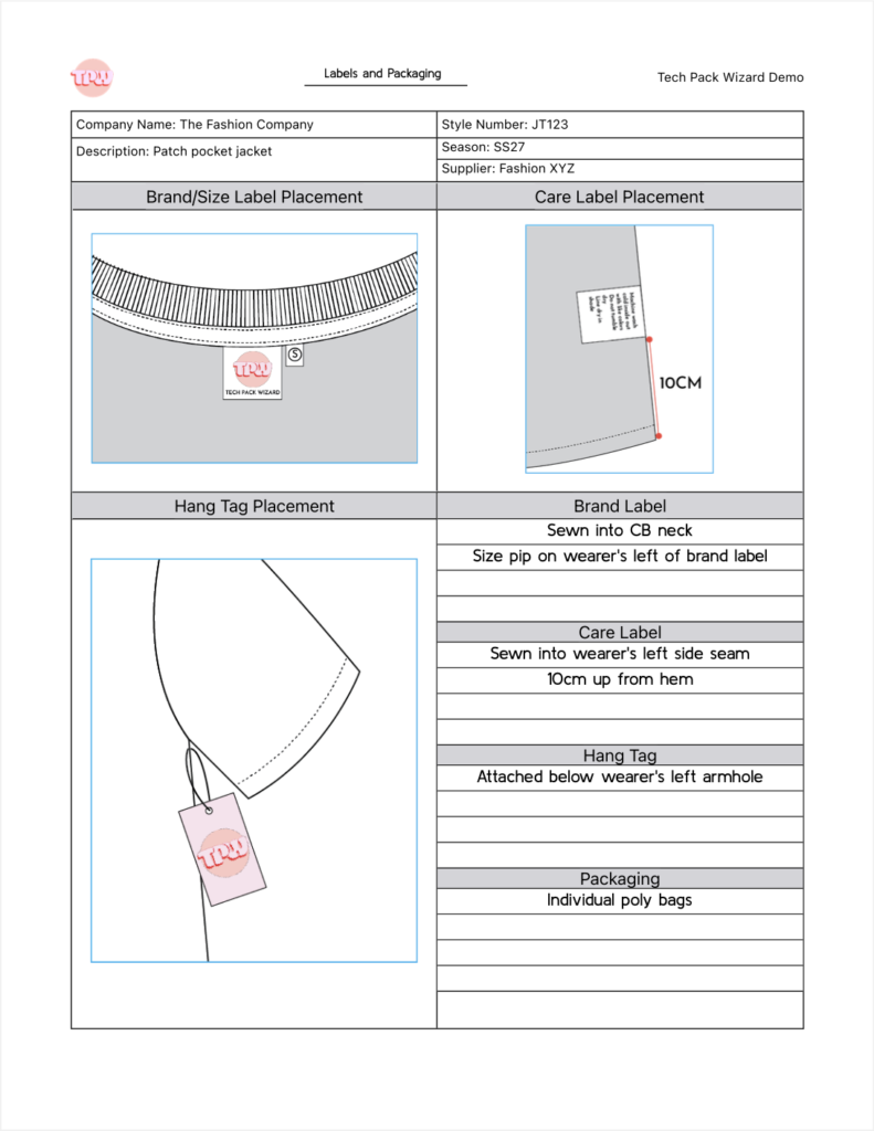 Example of Labels & Packaging page from Tech Pack Wizard tech pack