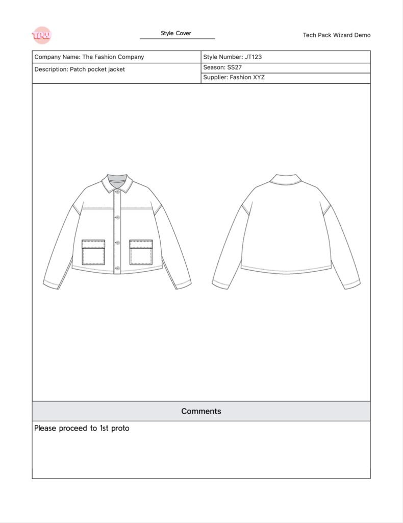 Example of Style Cover page from Tech Pack Wizard tech pack