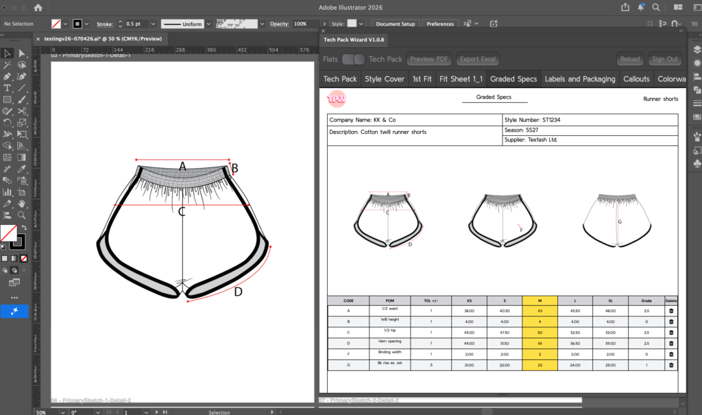 Tech Pack Wizard plugin open in Adobe Illustrator showing the Grade Specs page
