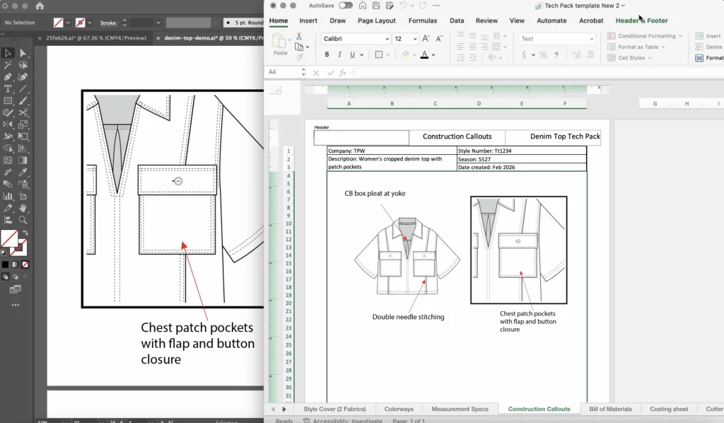 Fashion designer using Adobe Illustrator plus Excel tech pack template