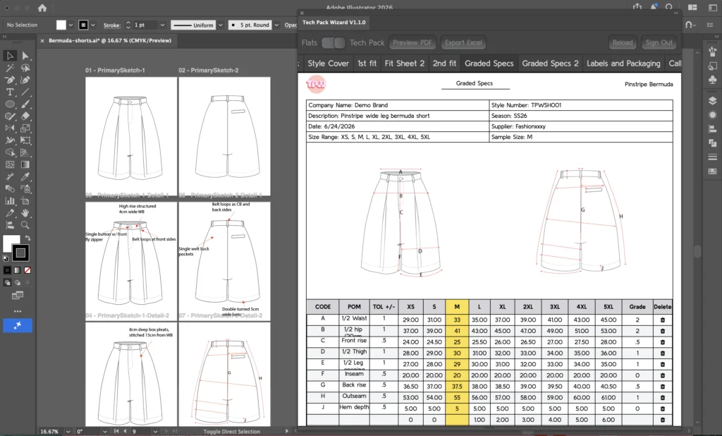 Tech Pack Wizard plugin for Adobe Illustrator interface for fashion designers